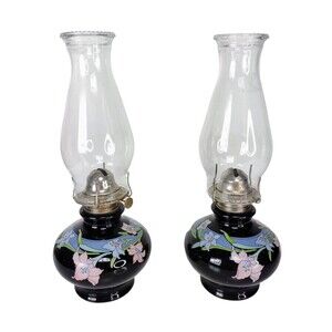 Kaadan LTD 80s Vintage Hand-Painted Black Glass Bamboo Floral Design Oil Lamps